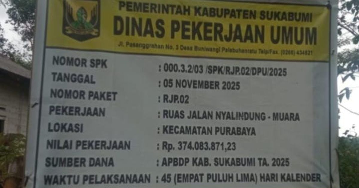 Papan informasi proyek pekerjaan peningkatan ruas jalan Nyalindung_Muara di Kecamatan Surabaya, Kabupaten Sukabumi (Foto/Komunitas Wartawan Sukabumi)