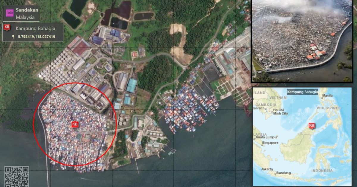 Peta lokasi kebakaran di Kampung Bahagia, Sandakan, Malaysia pada Minggu, 19 April 2026 (Foto/X/OSGINT)